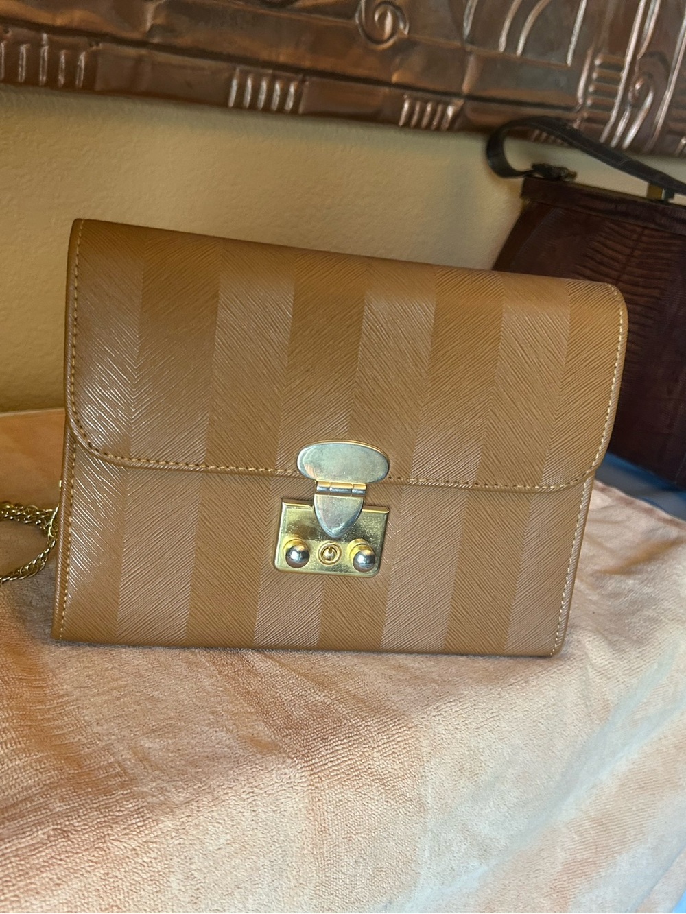 Women’s Neutral Tan faux leather Crossbody Bag with Gold Hardware